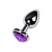 Серебристая коническая анальная пробка с фиолетовым кристаллом-сердечком - 7 см. - ToyFa - купить с доставкой в Раменском