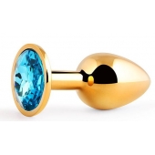 Золотистая анальная пробка с голубым стразом - 7,2 см. - Anal Jewelry Plug - купить с доставкой в Раменском