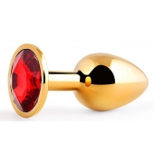 Золотистая анальная пробка с красным стразом - 7,2 см. - Anal Jewelry Plug - купить с доставкой в Раменском