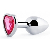 Серебристая анальная пробка с розовым кристаллом-сердечком - 7 см. - Anal Jewelry Plug - купить с доставкой в Раменском