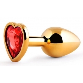 Золотистая анальная пробка с красным стразом-сердечком - 7 см. - Anal Jewelry Plug - купить с доставкой в Раменском