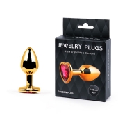 Золотистая анальная пробка с малиновым кристаллом-сердечком - 7 см. - Anal Jewelry Plug - купить с доставкой в Раменском