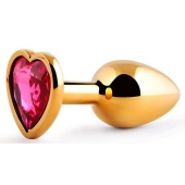 Золотистая анальная пробка с малиновым кристаллом-сердечком - 7 см. - Anal Jewelry Plug - купить с доставкой в Раменском