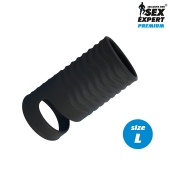 Черная открытая насадка на пенис с кольцом для мошонки L-size - 8,5 см. - Sex Expert - в Раменском купить с доставкой