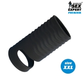 Черная открытая насадка на пенис с кольцом для мошонки XXL-size - 9,4 см. - Sex Expert - в Раменском купить с доставкой