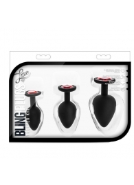 Набор черных анальных пробок с красным кристаллом-сердечком Bling Plugs Training Kit - Blush Novelties - купить с доставкой в Раменском