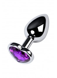Серебристая коническая анальная пробка с фиолетовым кристаллом-сердечком - 7 см. - ToyFa - купить с доставкой в Раменском