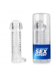 Прозрачная рельефная насадка-реалистик с петлей для мошонки - 13,5 см. - Sex Expert - в Раменском купить с доставкой