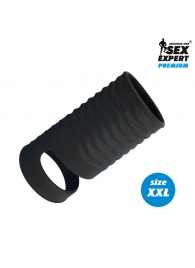 Черная открытая насадка на пенис с кольцом для мошонки XXL-size - 9,4 см. - Sex Expert - в Раменском купить с доставкой