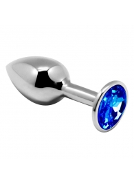 Серебристая анальная втулка с синим кристаллом Mini Metal Butt Plug Size M - 8 см. - Adrien Lastic