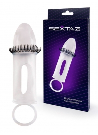 Закрытая насадка на пенис с подхватом мошонки и стимулирующими «ресничками» - Sextaz - в Раменском купить с доставкой
