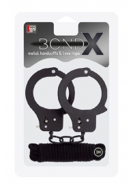 Чёрные наручники из листового металла в комплекте с веревкой BONDX METAL CUFFS LOVE ROPE SET - Dream Toys - купить с доставкой в Раменском