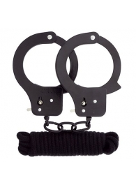 Чёрные наручники из листового металла в комплекте с веревкой BONDX METAL CUFFS LOVE ROPE SET - Dream Toys - купить с доставкой в Раменском