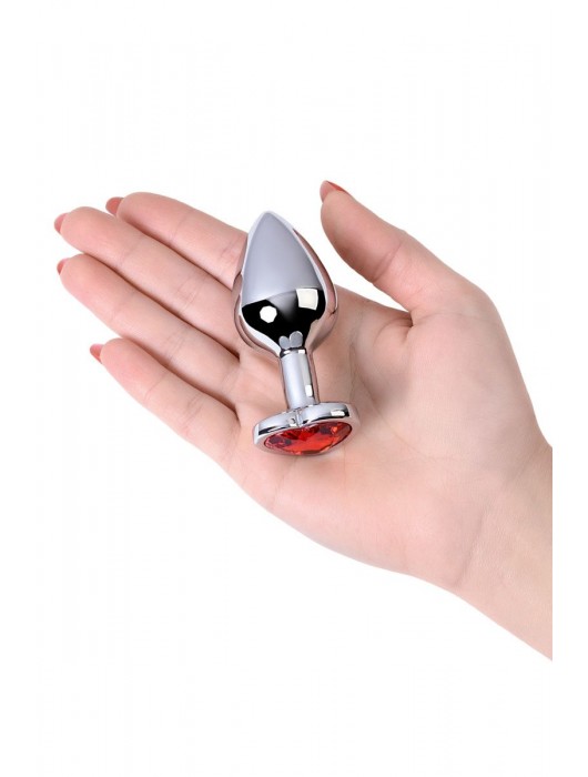 Серебристая коническая анальная пробка с красным кристаллом-сердечком - 7 см. - ToyFa - купить с доставкой в Раменском
