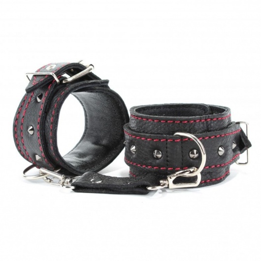 Черные наручники из натуральной кожи на карабинах - БДСМ Арсенал - купить с доставкой в Раменском