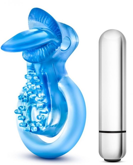 Голубое эрекционное виброкольцо 10 Function Vibrating Tongue Ring - Blush Novelties - в Раменском купить с доставкой