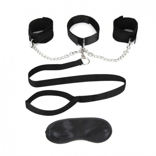 Чёрный ошейник с наручниками и поводком Collar Cuffs   Leash Set - Lux Fetish - купить с доставкой в Раменском