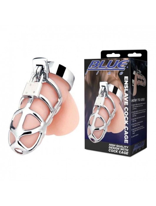 Серебристая металлическая клетка для члена с замком Enslave Cock Cage - BlueLine - купить с доставкой в Раменском