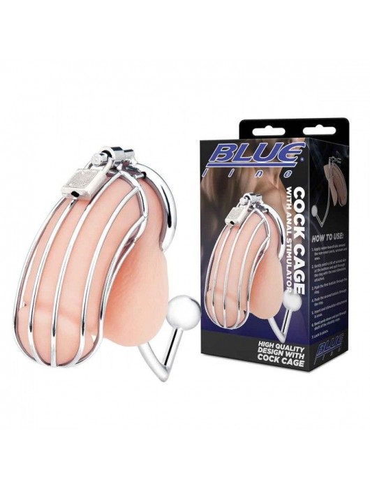 Серебристая металлическая клетка с анальным стимулятором Cock Cage - BlueLine - купить с доставкой в Раменском