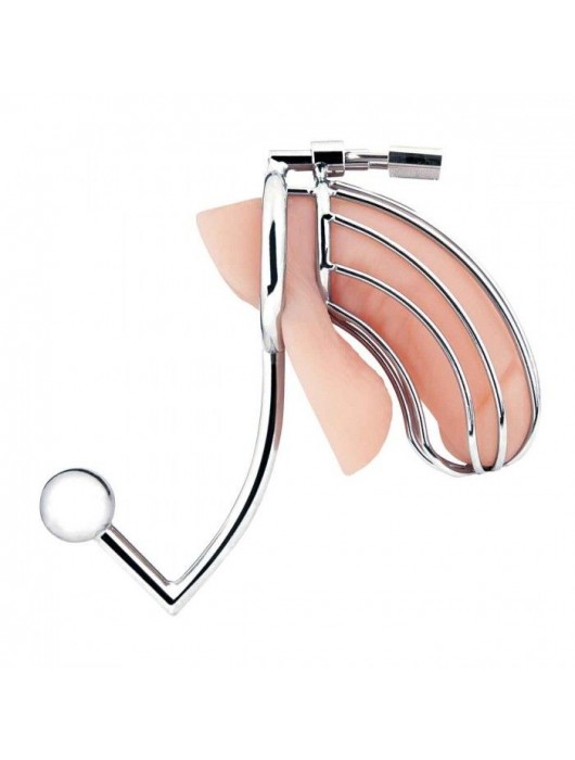 Серебристая металлическая клетка с анальным стимулятором Cock Cage - BlueLine - купить с доставкой в Раменском