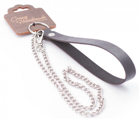 Серебристый металлический поводок с кожаной черной ручкой - 80 см. - Crazy Handmade - купить с доставкой в Раменском