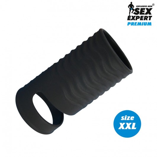 Черная открытая насадка на пенис с кольцом для мошонки XXL-size - 9,4 см. - Sex Expert - в Раменском купить с доставкой
