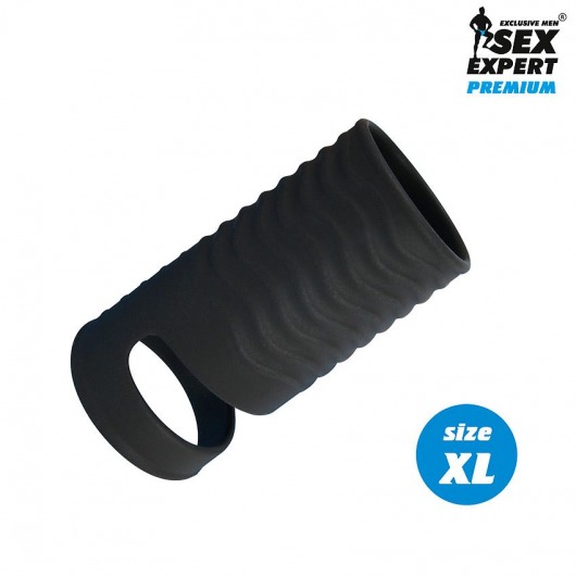 Черная открытая насадка на пенис с кольцом для мошонки XL-size - 8,9 см. - Sex Expert - в Раменском купить с доставкой