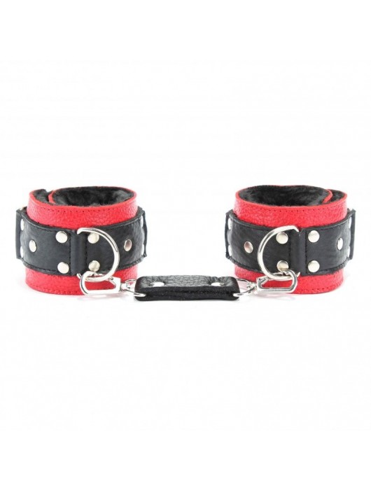 Красно-чёрные кожаные наручники с меховым подкладом - БДСМ Арсенал - купить с доставкой в Раменском