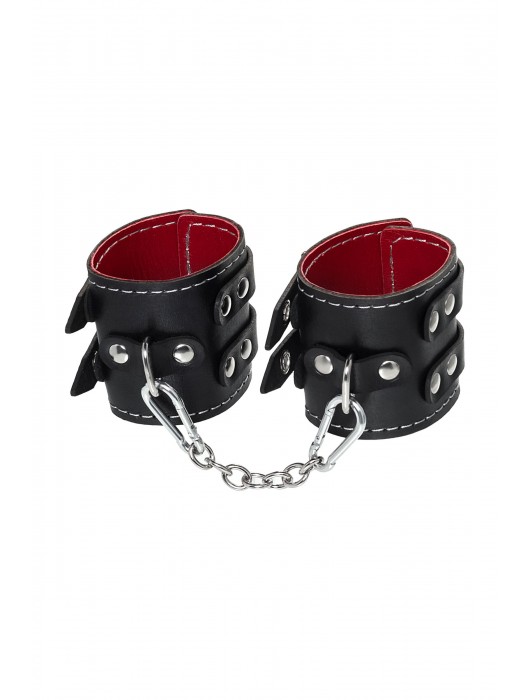 Черные кожаные наручники с двумя ремнями и красной подкладкой - Pecado - купить с доставкой в Раменском
