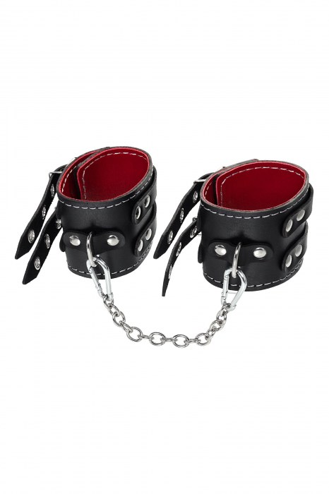 Черные кожаные оковы с двумя ремнями и красной подкладкой - Pecado - купить с доставкой в Раменском
