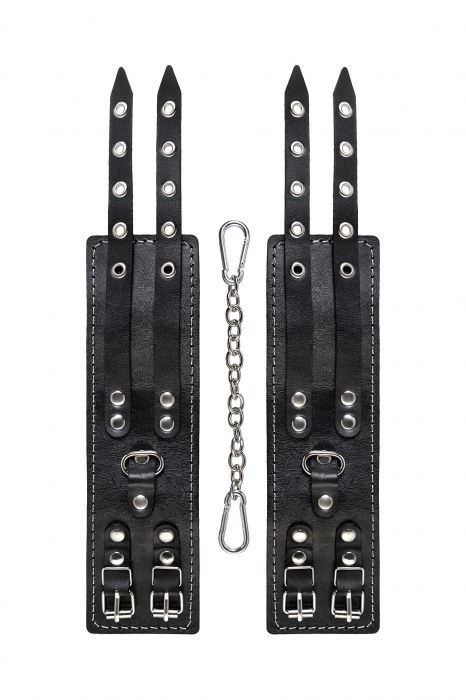 Черные кожаные оковы с двумя ремнями и красной подкладкой - Pecado - купить с доставкой в Раменском