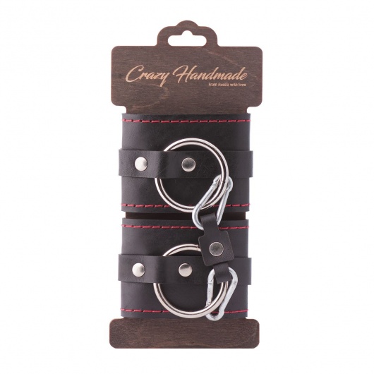 Черные однослойные кожаные наручники с контрастной строчкой - Crazy Handmade - купить с доставкой в Раменском