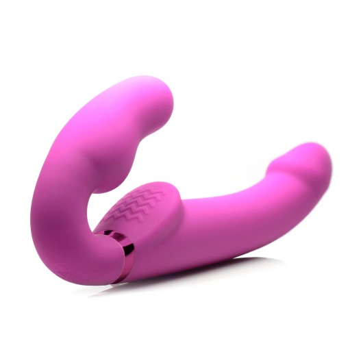 Розовый безремневой страпон с вибрацией и функцией расширения Inflatable Ergo-Fit Strapless Strap-On - XR Brands - купить с доставкой в Раменском