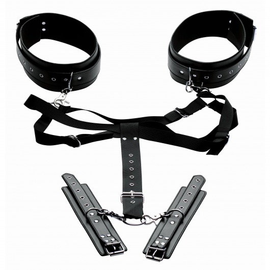 Черная бондажная система Acquire Easy Access Thigh Harness with Wrist Cuffs - XR Brands - купить с доставкой в Раменском