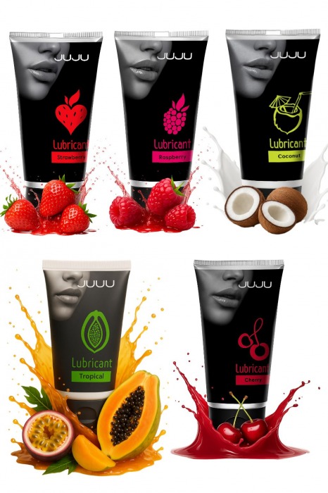 Набор из 5 съедобных лубрикантов JUJU (клубника, малина, тропические фрукты, вишня, кокос) - JuJu - купить с доставкой в Раменском