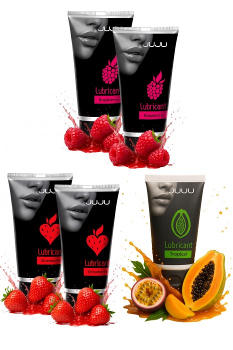 Набор из 5 съедобных лубрикантов JUJU (клубника х 2, малина х 2, тропические фрукты) - JuJu - купить с доставкой в Раменском