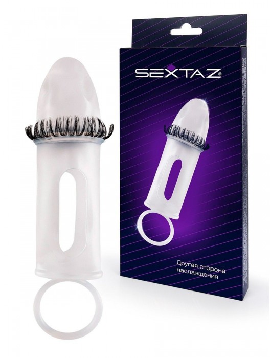 Закрытая насадка на пенис с подхватом мошонки и стимулирующими «ресничками» - Sextaz - в Раменском купить с доставкой