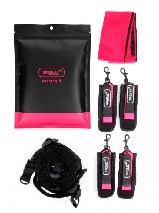 Черно-розовый эротический набор: фиксатор, оковы, наручники, повязка - Erokay - купить с доставкой в Раменском