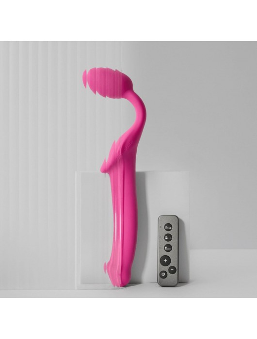 Ярко-розовый безремневой страпон Strap-on-me Vibrating Bendable Strap-On size M - Strap-on-me - купить с доставкой в Раменском