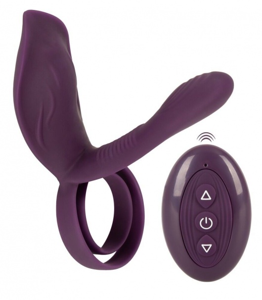 Фиолетовая насадка на член с клиторальным отростком и пультом ДУ RC Couple’s Vibrator 2 - Orion - в Раменском купить с доставкой